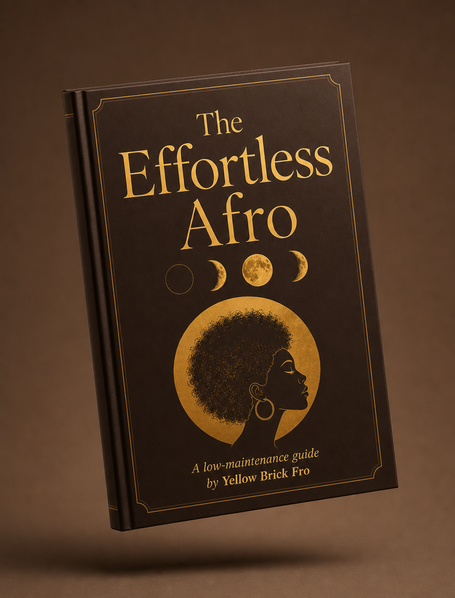 The Effortless Afro ebook cover — a deep cocoa book with gold moon phases and an afro silhouette